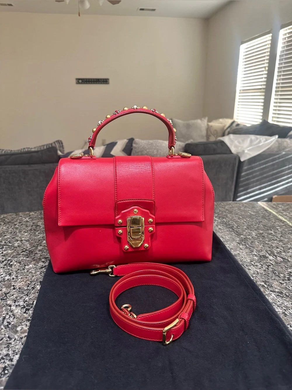 Dolce & Gabbana Red Leather Top-Handle Satchel with Gold Hardware and Studs
